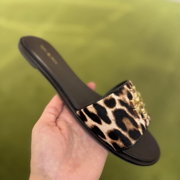 Tory Burch Everly Leopard Haircalf Slide Sandals Gold Double T $350 - Picture 4 of 7